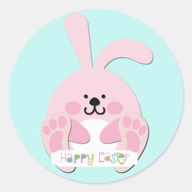Pegatina Redonda Pink Happy Easter Bunny (Anverso)