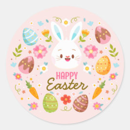 Pegatina Redonda Pink Happy Easter BunnySpring  Floral 