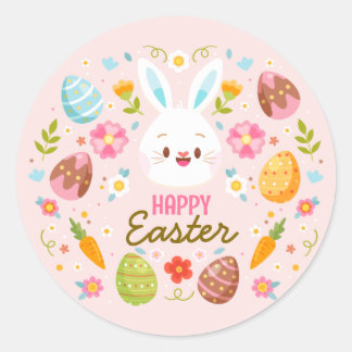 Pegatina Redonda Pink Happy Easter BunnySpring  Floral 