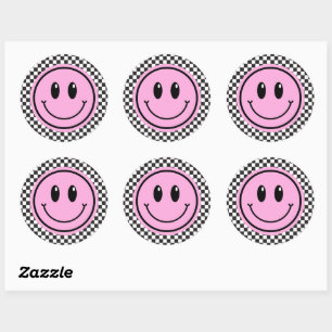 Pegatina Redonda Pink Happy Face Checker Kids Cumpleaños