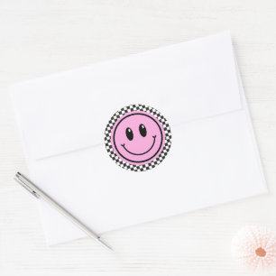 Pegatina Redonda Pink Happy Face Checker Kids Cumpleaños