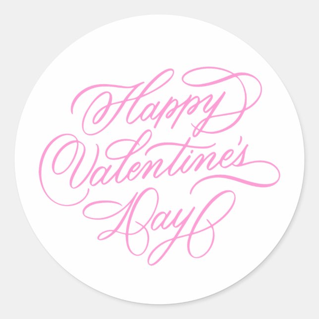 Pegatina Redonda Pink Happy Valentines Day Calligraphy (Anverso)