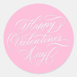 Pegatina Redonda Pink Happy Valentines Day Elegant Calligraphy