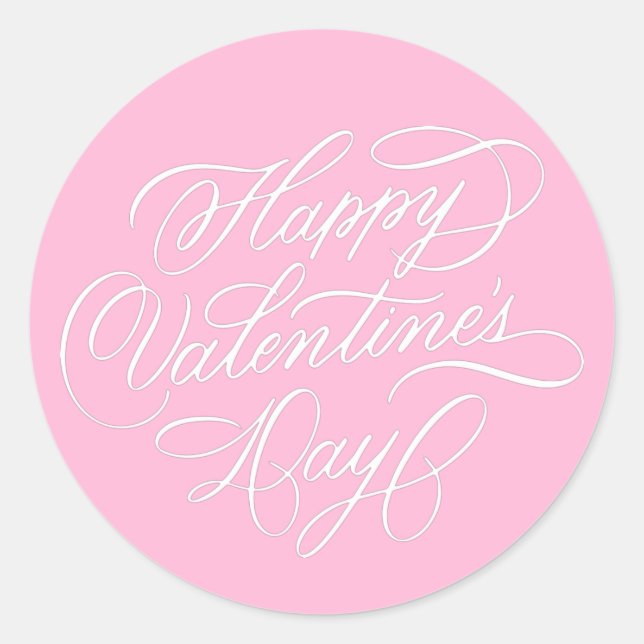 Pegatina Redonda Pink Happy Valentines Day Elegant Calligraphy  (Anverso)