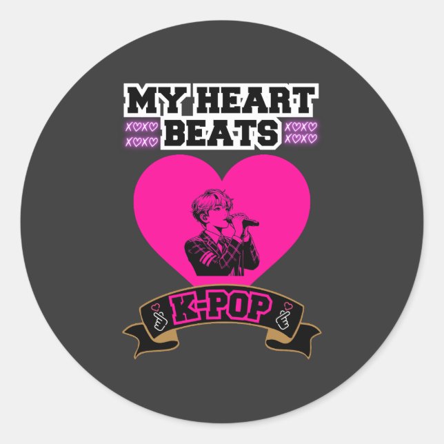 Pegatina Redonda Pink Heart Idol Cantando KPop Music Love Design (Anverso)