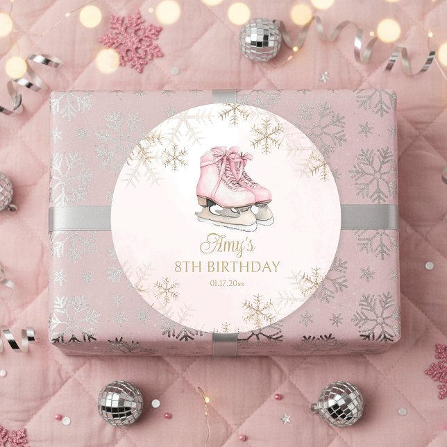 Pegatina Redonda Pink Ice Skating Birthday Gold Glitter Snowflakes (Subido por el creador)