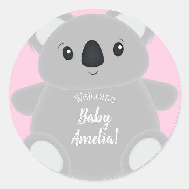 Pegatina Redonda Pink Koala Bear Baby Shower (Anverso)