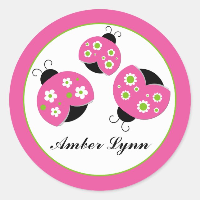 Pegatina Redonda Pink & Lime Green Ladybugs (Anverso)
