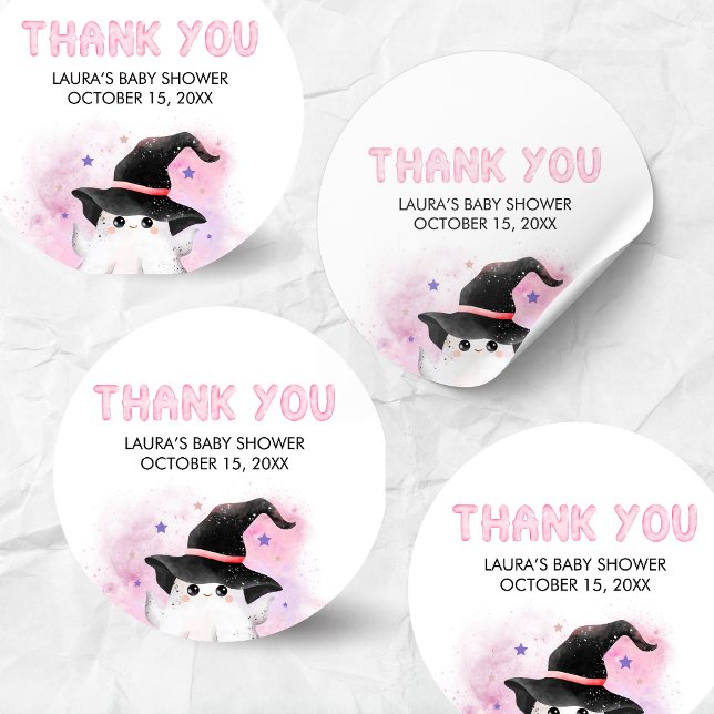 Pegatina Redonda Pink Little Boo Ghost Witch Baby Shower (Little Boo Halloween Baby Shower Round Sticker)