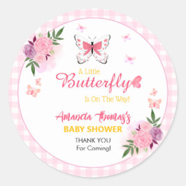 Pegatina Redonda Pink Little Butterfly Baby Shower Thank You 
