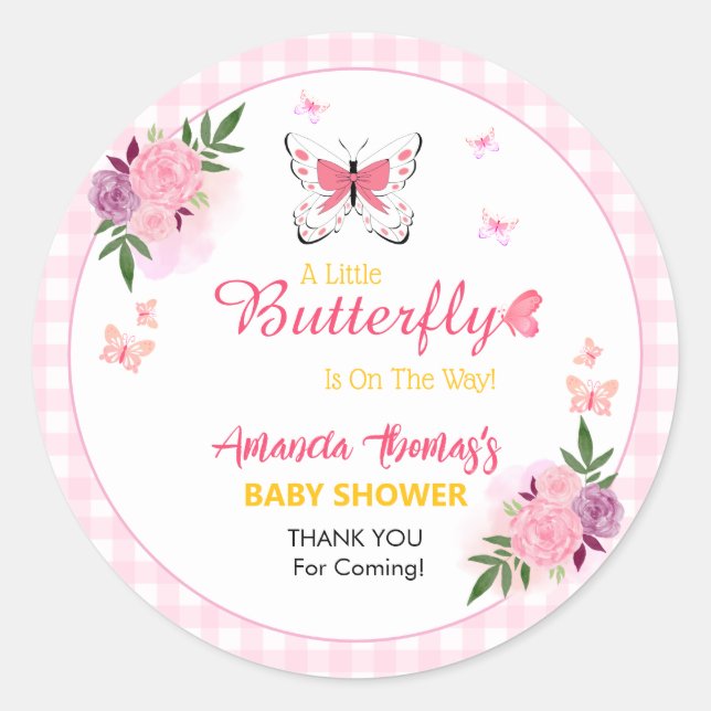 Pegatina Redonda Pink Little Butterfly Baby Shower Thank You  (Anverso)
