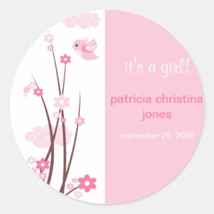 Pegatina Redonda Pink Love Birds Spring Flowers Baby Invitación