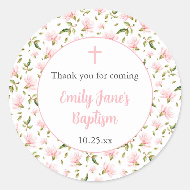 Pegatina Redonda Pink Magnolias girl baptism thank you sticker (Anverso)