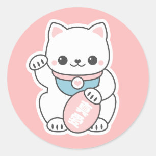 Pegatina Redonda Pink Maneki Neko