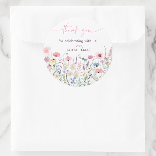 Pegatina Redonda Pink Meadow Wildflowers Baby Shower (Bolso)