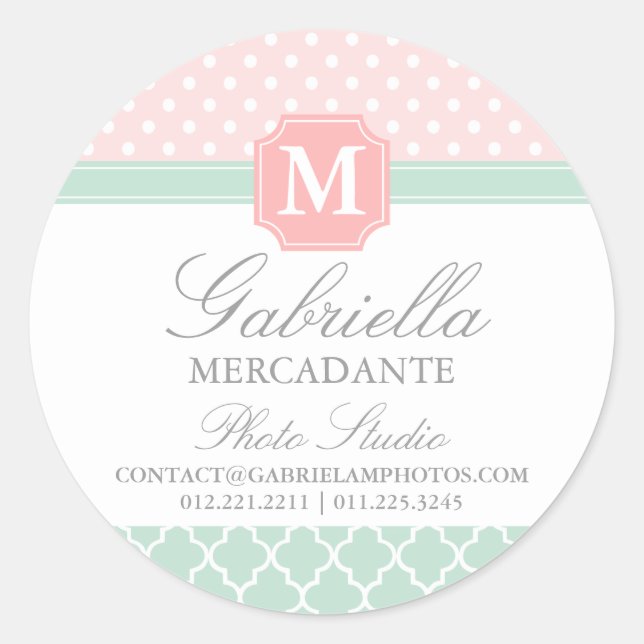 Pegatina Redonda Pink Mint Polka Dots Personalizado de negocios mar (Anverso)