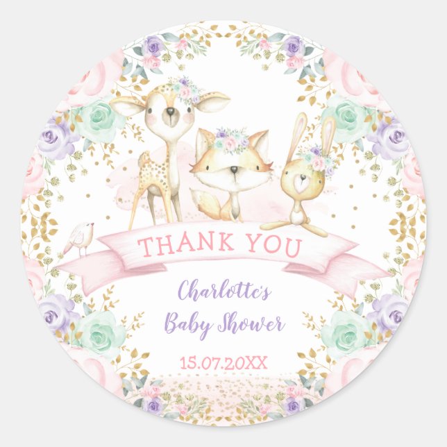 Pegatina Redonda Pink Mint Purple Floral Tribal Woodland Animales (Anverso)