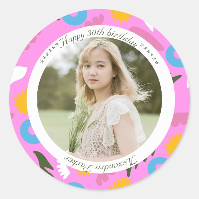 Pegatina Redonda pink name birthday modern floral romantic  Sticker (Anverso)
