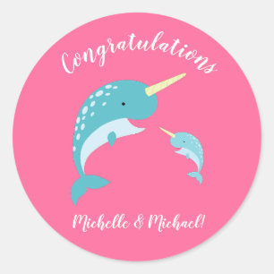 Pegatina Redonda Pink Narwhal Baby Shower