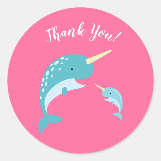 Pegatina Redonda Pink Narwhal Baby Shower (Anverso)