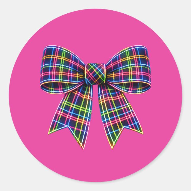 Pegatina Redonda Pink Neon Bow Tartan Ribbon Scottish Cute (Anverso)