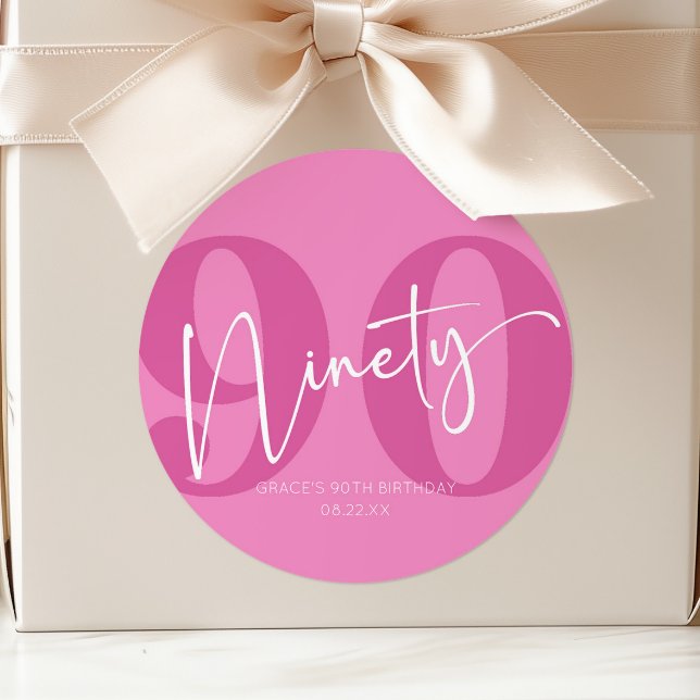 Pegatina Redonda Pink Ninety 90th Birthday Party Favor (Subido por el creador)