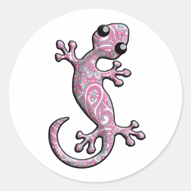 Pegatina Redonda Pink Paisley Gecko Lizard (Anverso)