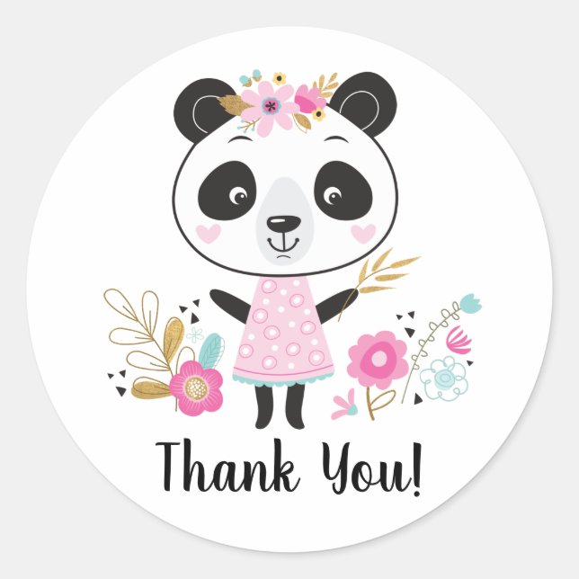 Pegatina Redonda Pink Panda Gracias Adorable Girly (Anverso)