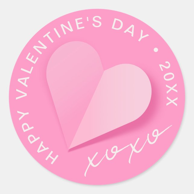 Pegatina Redonda Pink Paper Heart XOXO Happy Valentine's Day Love (Anverso)