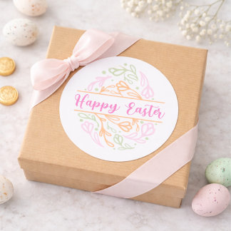 Pegatina Redonda Pink Pastel Floral Easter Egg Happy Easter Sticker