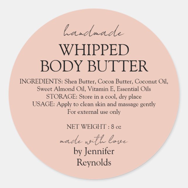 Pegatina Redonda Pink Pastel Handmade Body Butter Organic Classic (Anverso)