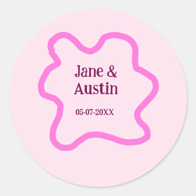 Pegatina Redonda Pink pastel retro wedding border frame name date (Anverso)