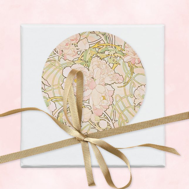 Pegatina Redonda Pink Peonies Alfonse Mucha (Subido por el creador)