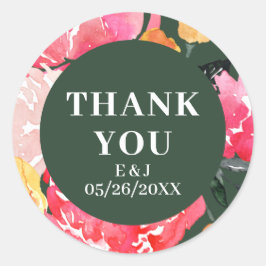 Pegatina Redonda Pink Peony Boquet Floral Boda verde