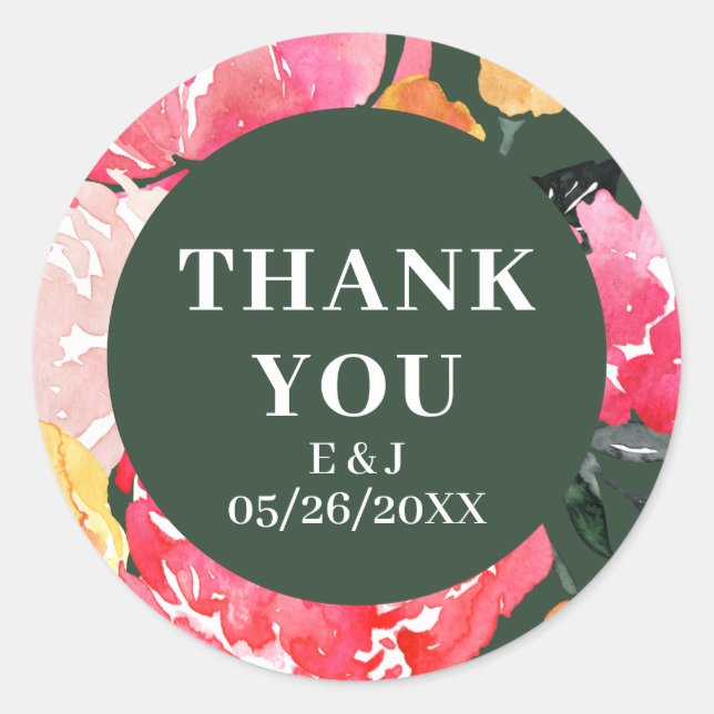 Pegatina Redonda Pink Peony Boquet Floral Boda verde (Anverso)