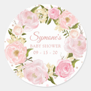Pegatina Redonda Pink Peony y Rosa Gold Polkadot Baby Shower