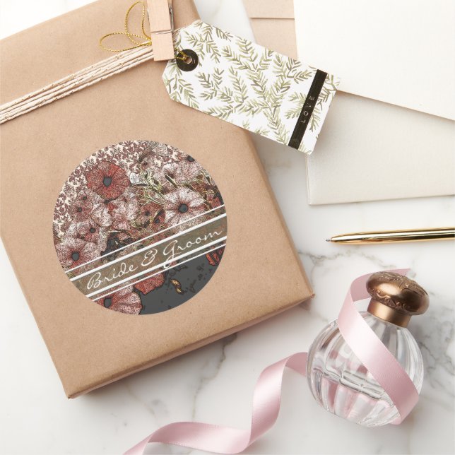 Pegatina Redonda Pink Petunia Sobre Pegatinas De Damask (Regalar)