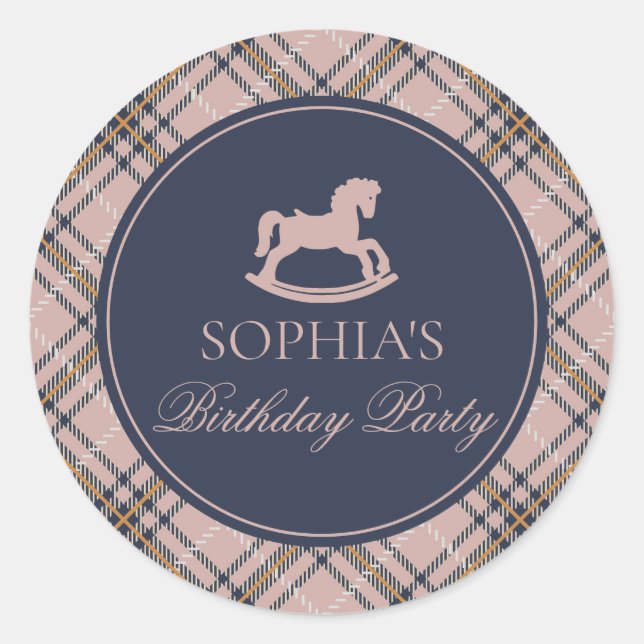 Pegatina Redonda Pink Plaid Rocking Horse Birthday Envelope Seal (Anverso)