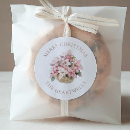 Pegatina Redonda Pink Poinsettias Personalizadas Feliz Navidad