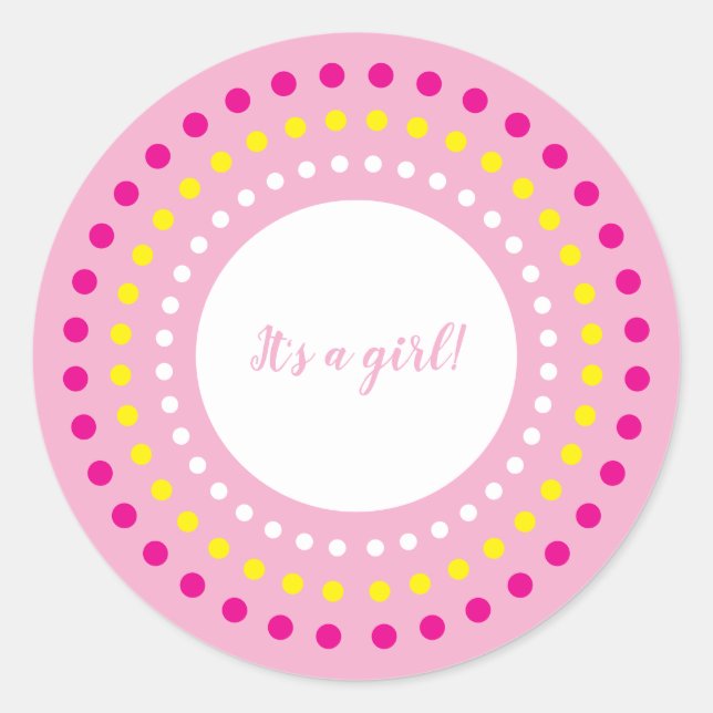 Pegatina Redonda Pink Polka Dots "It's a Girl!" Gender Reveal (Anverso)