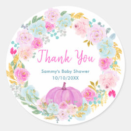 Pegatina Redonda Pink Pumpkin Floral Wreath Baby Shower Thank You
