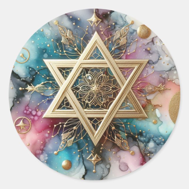 Pegatina Redonda Pink Purple Blue Marble Abstract Gold Star Of  (Anverso)