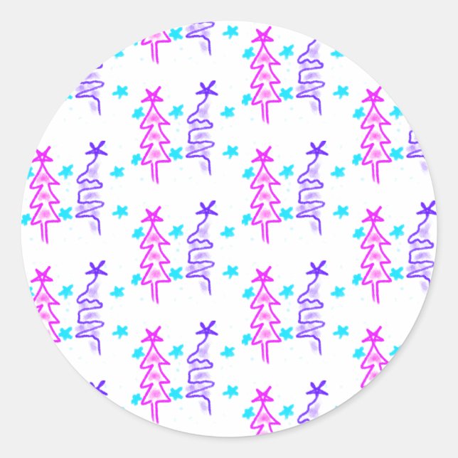 Pegatina Redonda Pink Purple doodle christmas de árbol estrellas de (Anverso)
