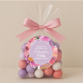 Pegatina Redonda Pink Purple Flowers 75th Birthday Party Gracias