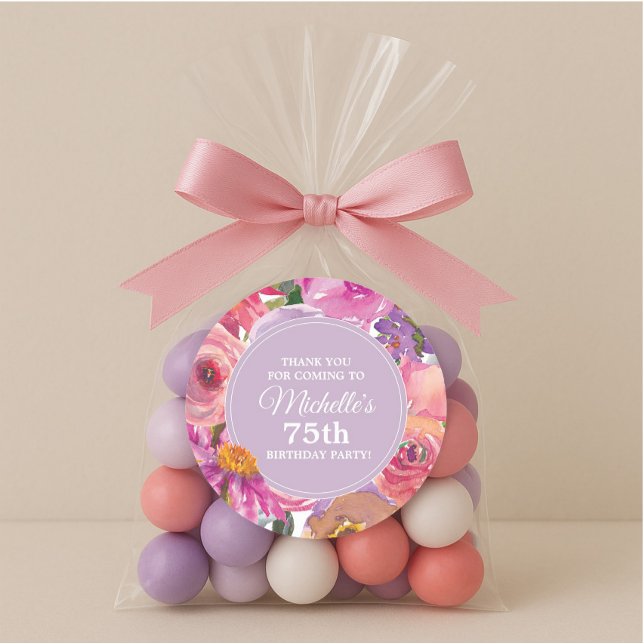 Pegatina Redonda Pink Purple Flowers 75th Birthday Party Gracias (75th birthday thank you sticker)