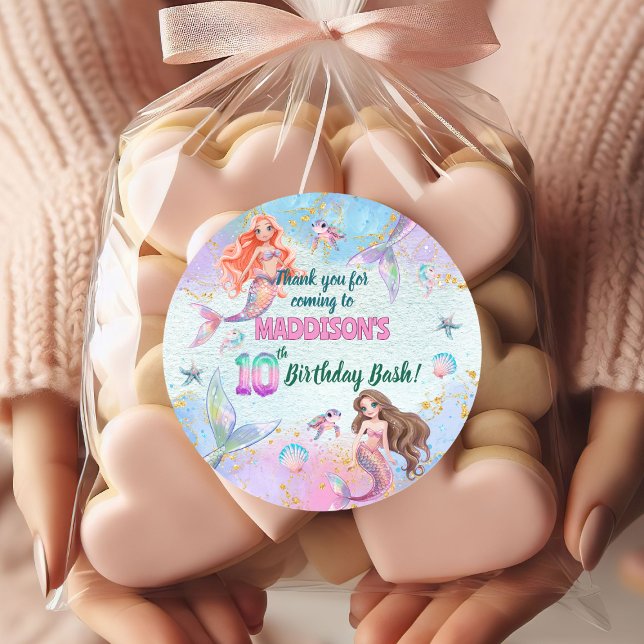 Pegatina Redonda Pink Purple Glitter Mermaids 10th Birthday Party (Subido por el creador)