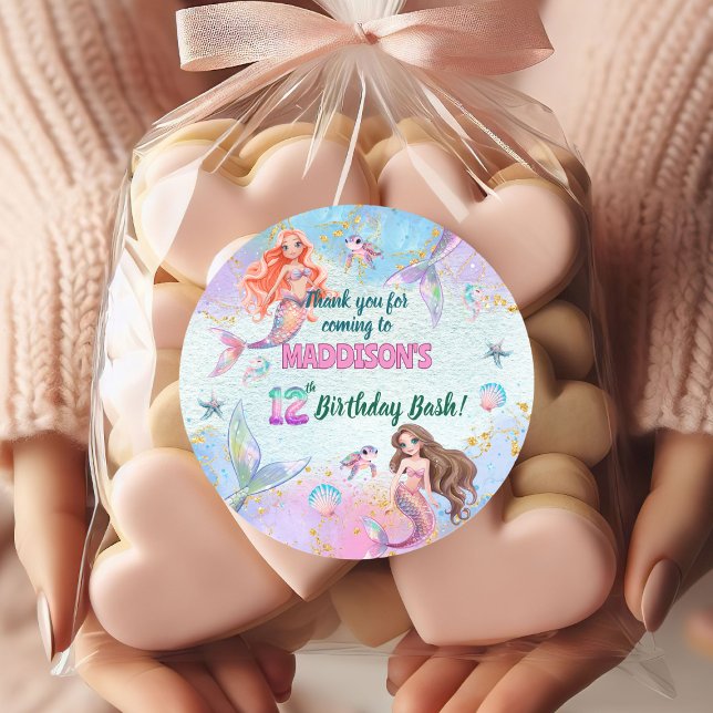 Pegatina Redonda Pink Purple Glitter Mermaids 12th Birthday Party (Subido por el creador)