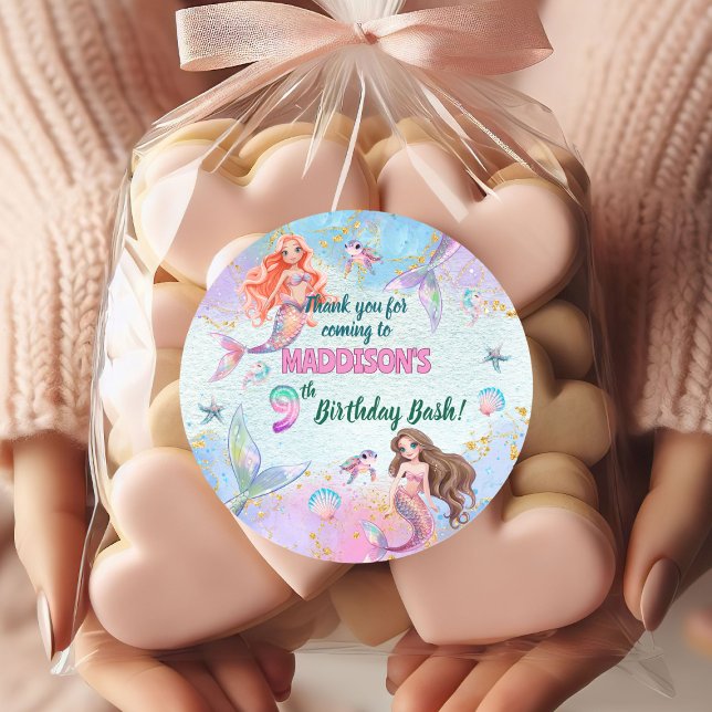 Pegatina Redonda Pink Purple Glitter Mermaids 9th Birthday Party (Subido por el creador)