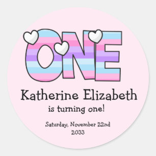 Pegatina Redonda Pink Purple Ombre Stripes Hearts First Birday