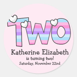 Pegatina Redonda Pink Purple Ombre Stripes Hearts Second Birday